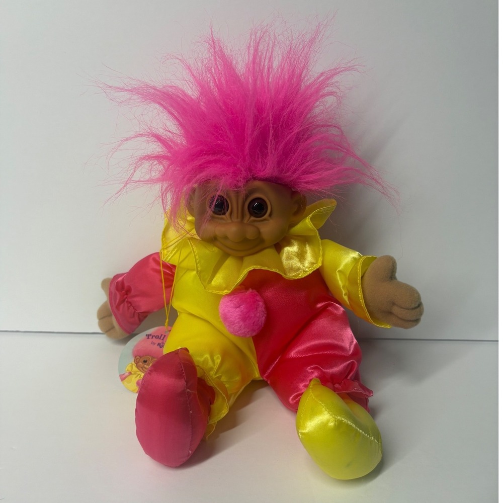 Vintage Russ Berrie Troll Doll Pink Hair Jester Clown Costume Plush Pink Yellow